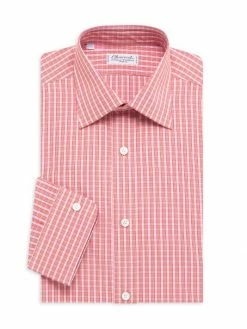 Charvet Small Windowpane Plaid Tonal Silk Dress Shirt For Men